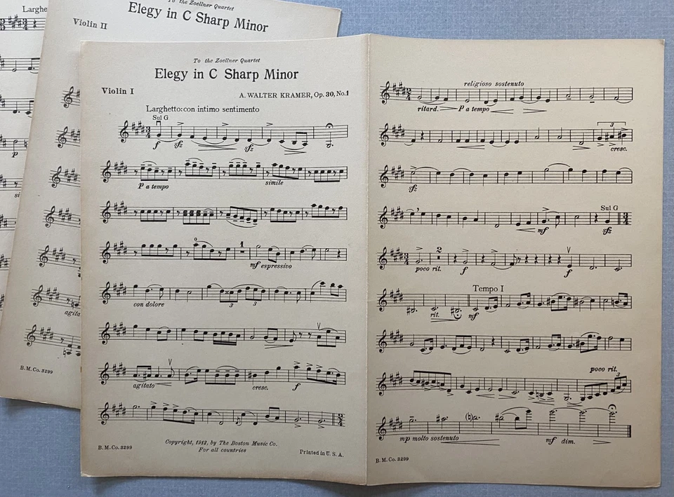 Elegy in C# minor - by A. Walter Kramer - 1913 printing - string quartet/orch. - Image 3 of 3