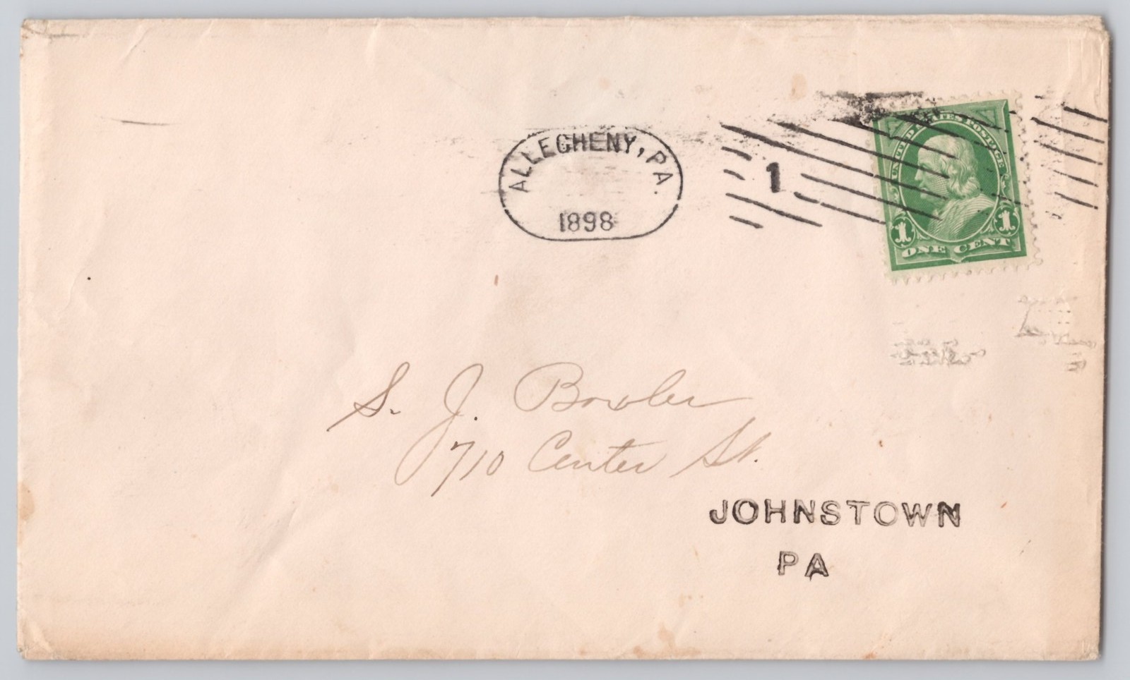 Johnstown, PA — Un, Address & Stamp Side with ' ' — 1898 — 1¢ — Postal History