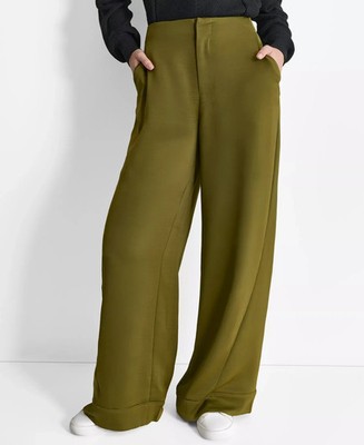 DKNY Glazed High Rise Seamed-Cuff Wide-Leg Pants Women 8 Dark Olive Zip Hook&Bar