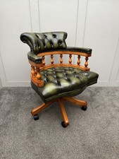 Vintage Deep Button Green Leather Chesterfield Swivel Office Captains Chair
