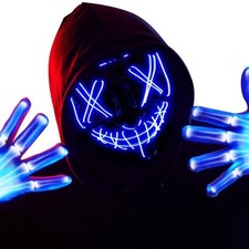 LED Halloween Mask Gloves Blue Light Up 3 Modes Scary Costume Cosplay Set