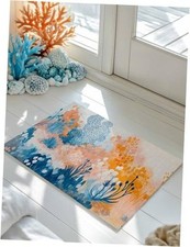 Welcome Doormat, Abstract Nautical Gradient Plant Non-Slip 16x24in Blue Orange