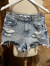 Bershka Shorts Women's Size 4 Blue Denim Cotton High Waist High Rise Distressed