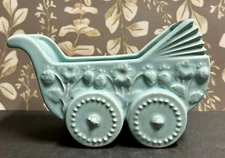 Vintage Blue Baby Buggy Carriage Ceramic PlanterF1