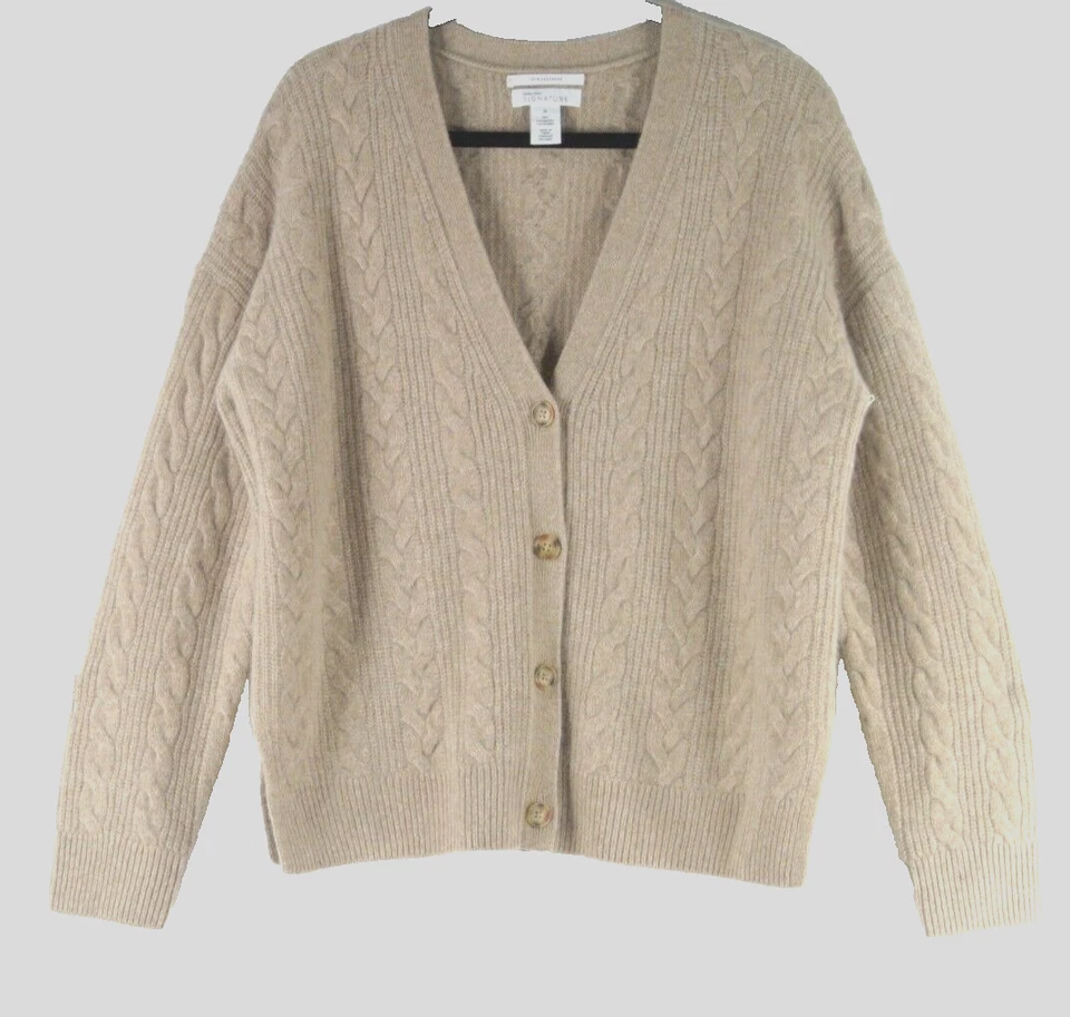 全新 Nordstrom 签名羊绒电缆开衫 米色 尺寸 M #S7279 — 第 2/4 张图片