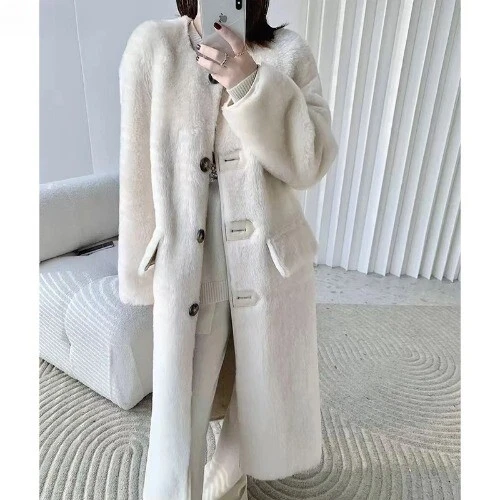 OFF WHITE Nuovi vestiti invernali cappotto pelliccia bianco sporco scollo a O seno sciolto slim pelliccia agnello giacca