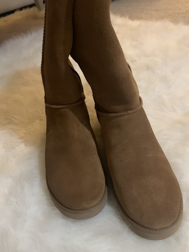 UGG Womens 6.5Femme Over The Knee Chestnut SUEDE Leather Fur Wedge Otk BOOTS - Picture 9 of 11
