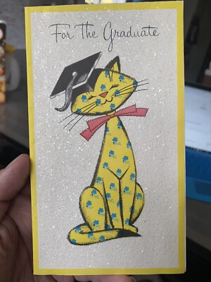 Vtg Sangamon greeting card-For the Graduate, Graduation 3D glitter cat art- READ