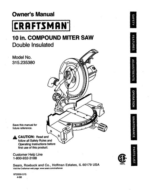 Craftsman 315.235380 Miter Saw Owners Instruction Manual eBay