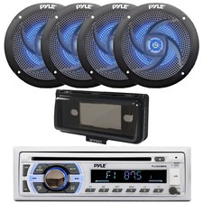 Pyle Marine CD Radio, 4x 5.25" 180W Blue Flash LED Boat Speaker, Cover Black 