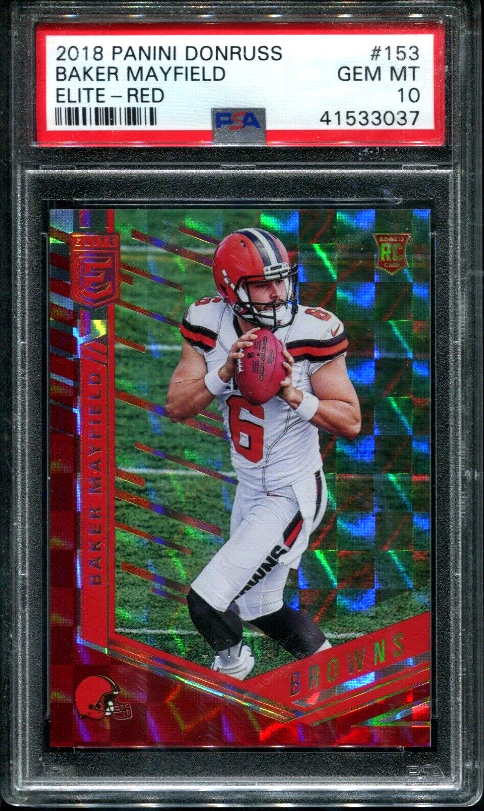 2018 Panini Donruss #153 BAKER MAYFIELD RC Elite-Red /199 POP 26 PSA 10 GEM MINT