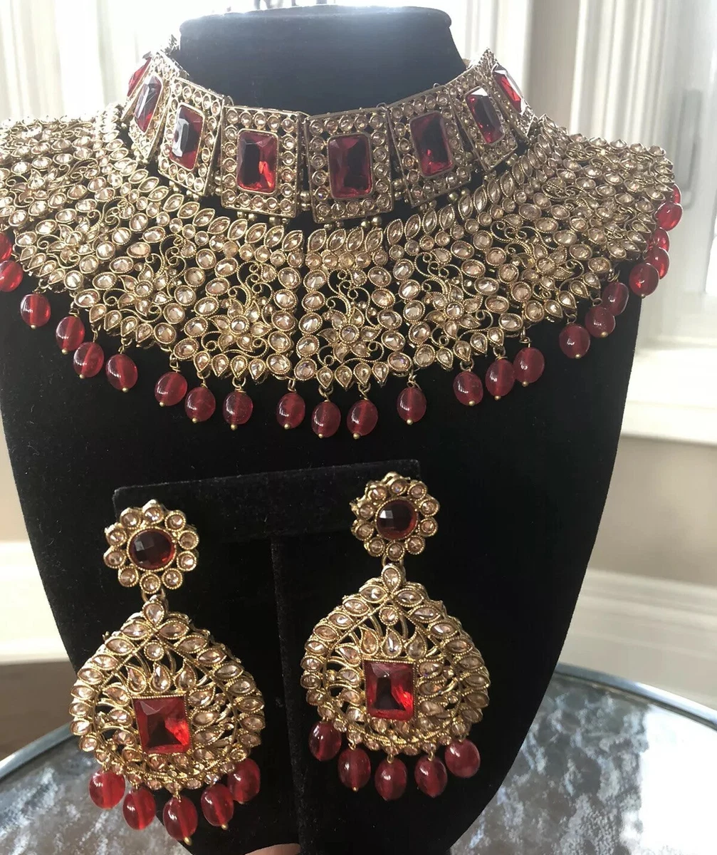 Indian Bollywood Traditional Bridal Polki red Stone Jewellery Set