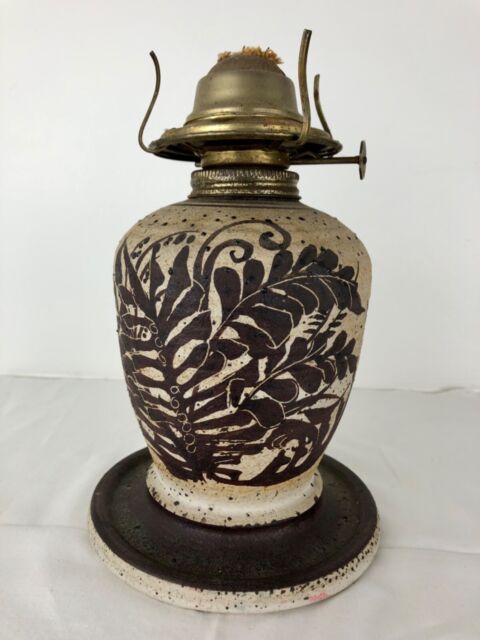 Studio Art Pottery Hand Painted Stoneware Oil Lamp Eagle Burner P&A