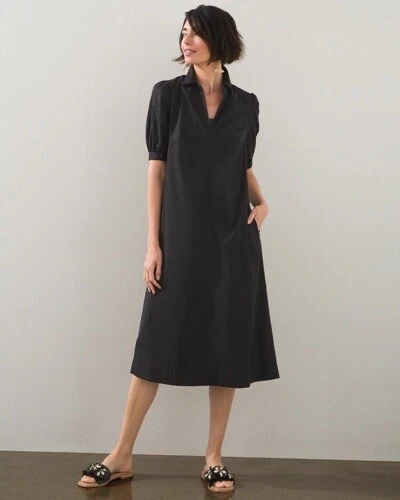 Chico's Size 4 Black Eyelet Puff Sleeve Midi Dress Minimalist Pockets - Picture 4 of 8