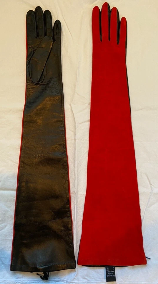 NUEVO CON ETIQUETAS Guantes Diane Von Furstenberg Gamuza y Cuero Rojo y Negro Longitud Ópera 7 Foto 4 de 4