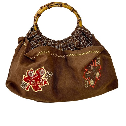 Sac à main fausse poignée bambou feuille d'automne citrouille broderie tissu marron rétro - Photo 1/5
