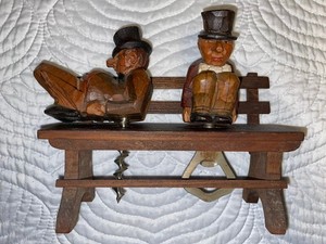 ANRI 2 CARVED BUMS ON A PARK BENCH CORKSCREW & BOTTLE OPENER BAR SET