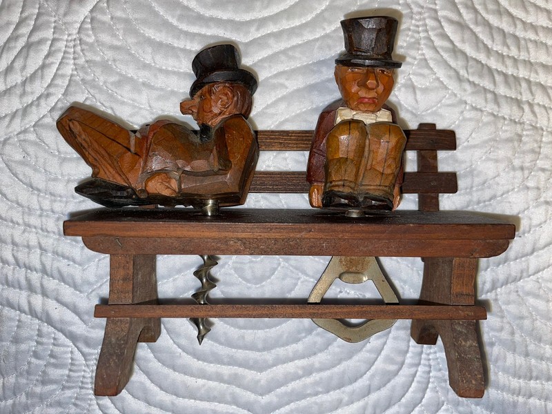 ANRI 2 CARVED BUMS ON A PARK BENCH CORKSCREW & BOTTLE OPENER BAR SET