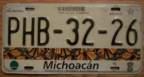 SINGLE MEXICO state of MICHOACAN LICENSE PLATE - 2007/11 - PHB-32-26 - AUTOMOVIL