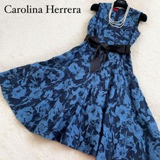 Carolina Herrera jacquard flower dress ribbon belt Size 2/M blue Navy SK1363