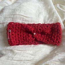 Handmade Red Crochet Knitted Headband with Pearl Accent, Fashion Accessory