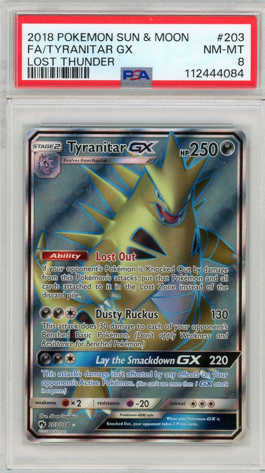 2018 POKEMON SUN & MOON LOST THUNDER #203 FULL ART TYRANITAR GX PSA 8