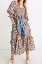 Madewell Lucie Smocked Gingham Midi Dress Brown White Puff Sleeve Cotton Sz XXS