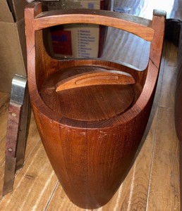 Vintage Mid Century 19.5” Tall Dansk Ice Bucket Orange Insert Teak W/ Tongs MCM