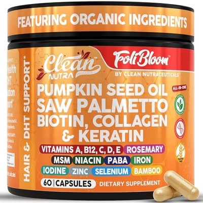 Clean Nutra Pumpkin Seed Oil Hair Supplements with Collagen, Biotin, Saw