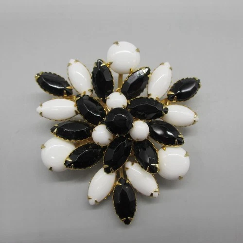 Vintage Black White Gold Tone Brooch Pin Costume Jewelry Statement