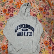 Abercrombie Kids Hoodie Size 13 14 Gray Blue spellout Thumbholes Pockets