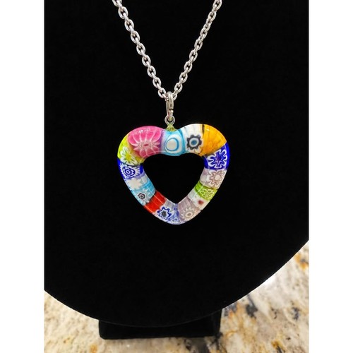 Murano Glass Millefiore Open Heart Necklace w/ Sterling Silver Chain