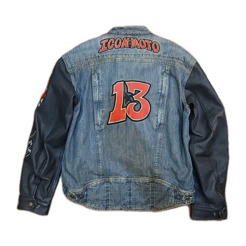 Chaqueta vaquera/cuero vintage Icon Motorsports manga fuerte azul para hombre talla XL Foto 2 de 4