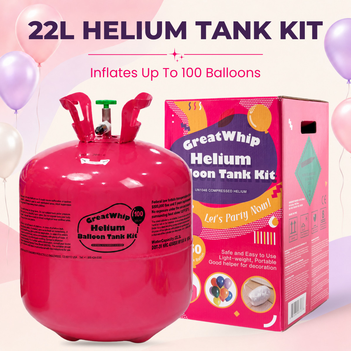 Helium Tank for Balloon GreatWhip 22L Inflate Up to 100 x 9" Balloons Pump Kit