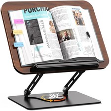 Dark Wood Adjustable Book Stand, 360 Rotating Base, Foldable, Cookbook Holder