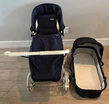 Emmaljunga Pram Carriage Baby Stroller Bassinet Navy Blue Vintage Luxury