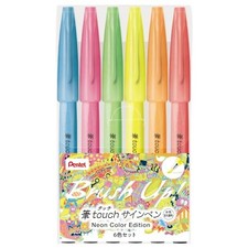 Pentel Fude Touch Sign Pen 6 Color Set SES15C-LM6STE Brush Tip Japan