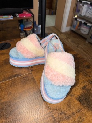 UGG Disco Stripe slide Sandals Women's Size 10 Blue/Pink/Ivory ~ Ex Cond.