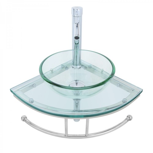 Runde Ecke Glas Wandhalterung Badezimmer Gefäß Waschbecken mit Chrom Wasserhahn Handtuchhalter - Bild 3 von 11