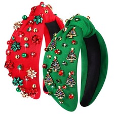 2PCS Christmas Headband for Women - Xmas Bow Tree Knotted Headband with Red ...