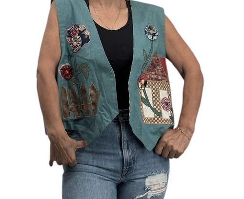 Vintage 90's Homemade Vest Farm Cows Barn Sunflowers Size L/XL - Picture 7 of 8