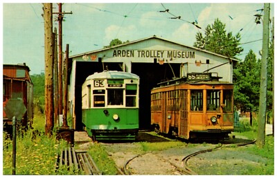 Railroad Train Two Trolleys of Yesterday at the Arden Trolley Museum