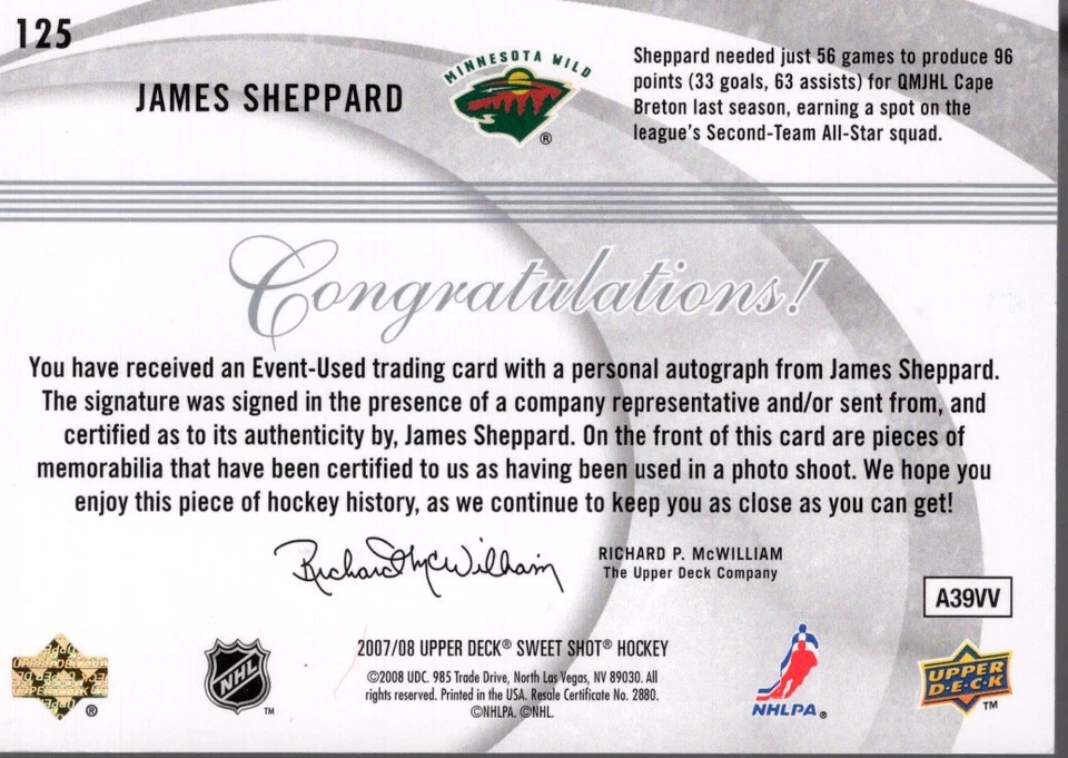 2007-08 Sweet Shot Rookie Jersey Auto #125 James Sheppard /100 - NM-MT - Image 2 of 2
