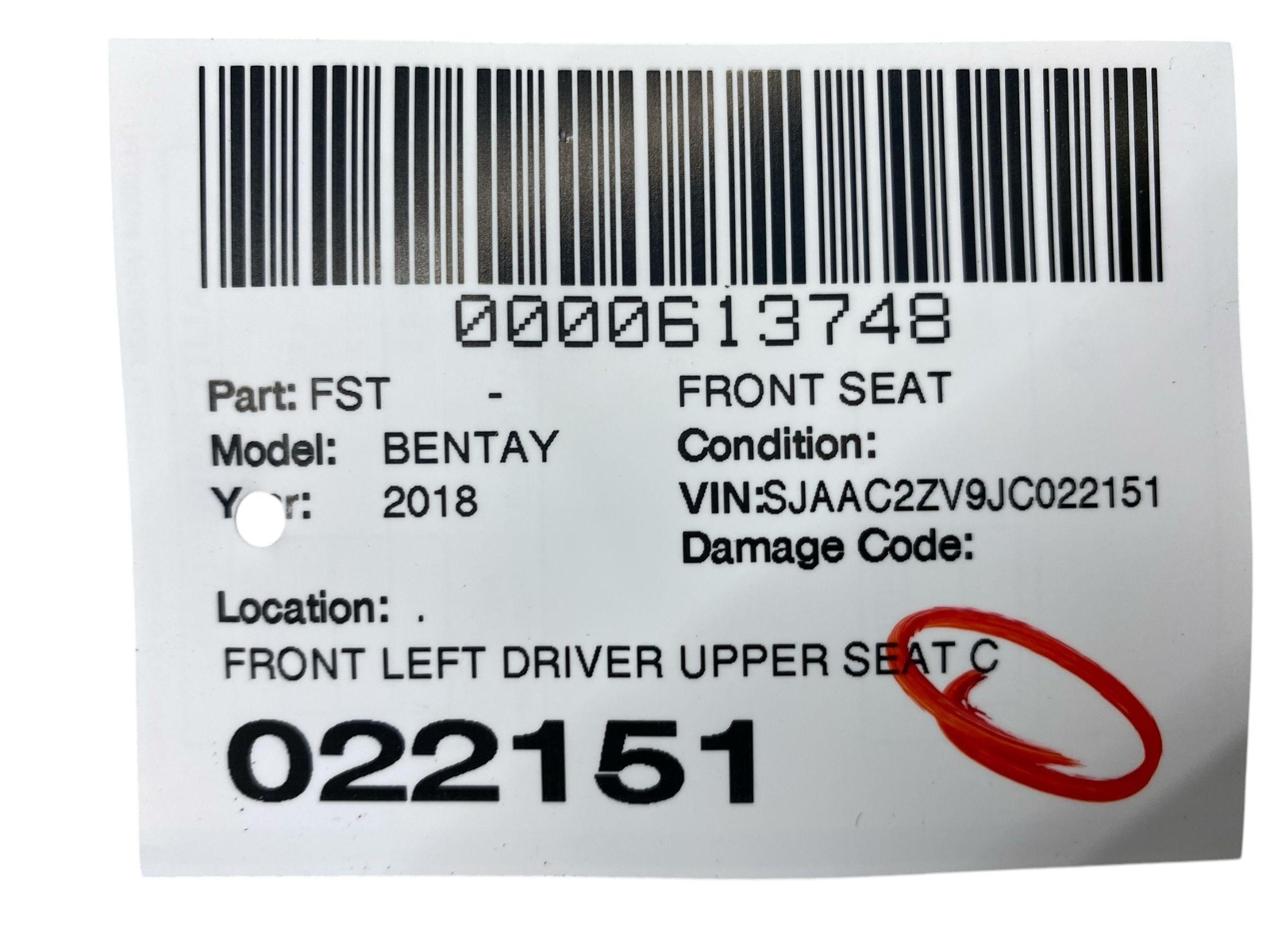2016-2020 BENTLEY BENTAYGA OEM FRONT LEFT DRIVER UPPER SEAT CUSHION BACKREST