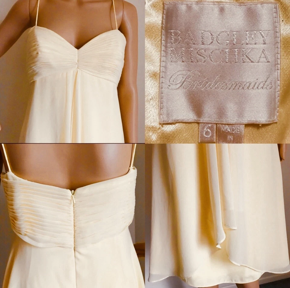 Vestido de dama de honra Badgley Mischka vintage chiffon transparente sobre cetim amarelo tamanho 6 - Imagem 3 de 3