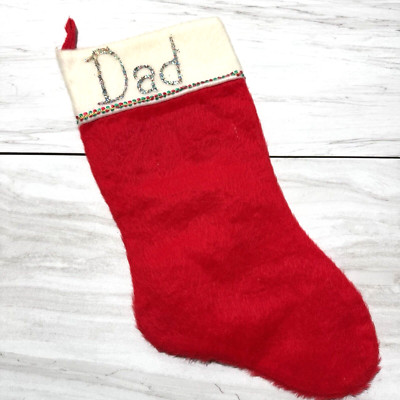 Vintage Christmas Stocking DAD Glitter Glue Red Fuzzy White Retro Old School