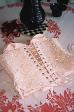 Vintage Couture Hand Crystal Beaded Bustier Corset Top Pale Pink Pearls Designer