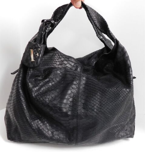 Furla Elisabeth Black Snake Embossed Leather Large Hobo Bag Italy - Picture 1 of 6
