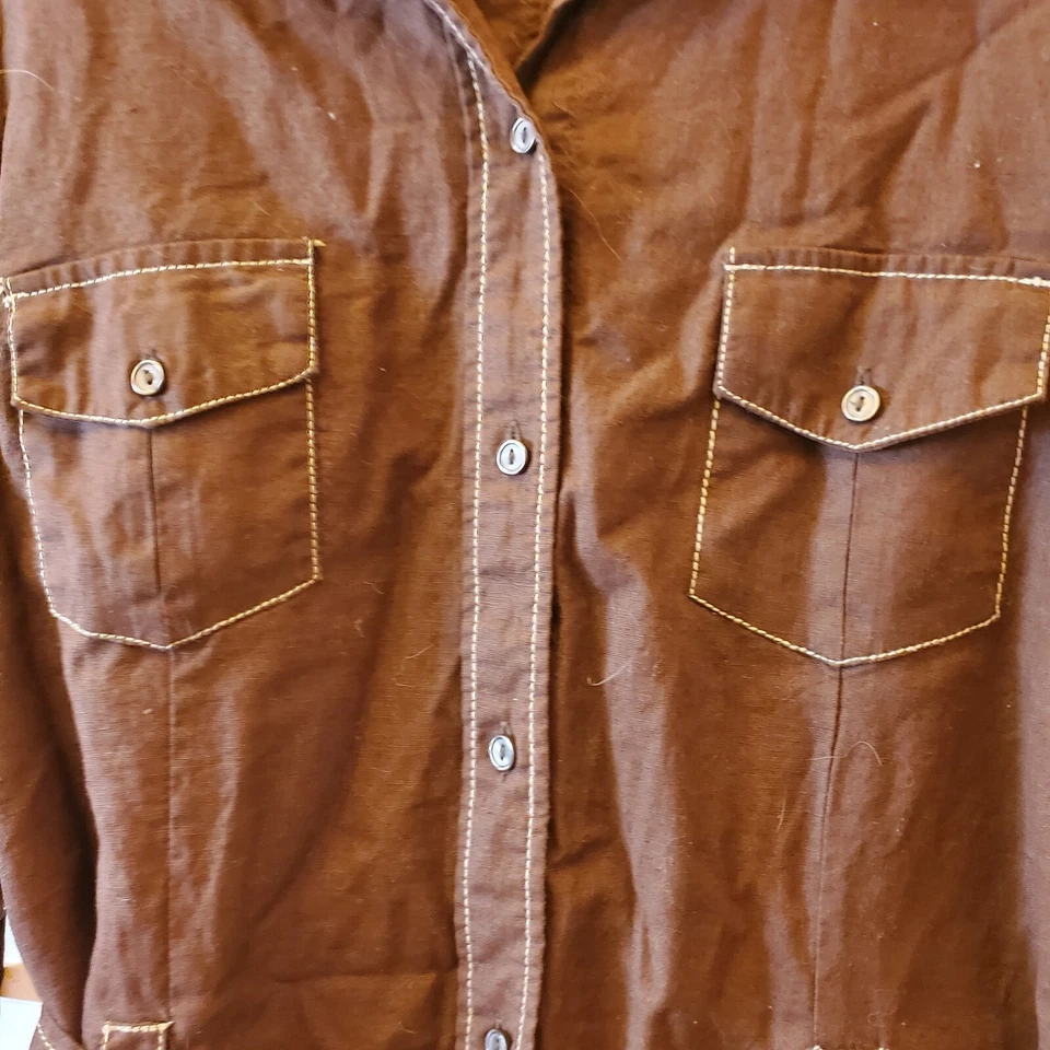 Vestido Camisa Merona Mujer Completo Frontal Botones Bolsillos Enrollables Talla XL Marrón Lino  Foto 3 de 4