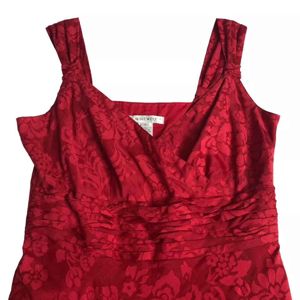 Vintage Y2K 90s Nine West Babydoll Dress Womens 4 Red Floral Empire Waist Wrap - Image 4 of 4